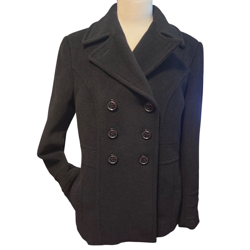 St‎ Johns Bay Pea Coat Women Small Black Excellent Wool Cashmere Double Breasted